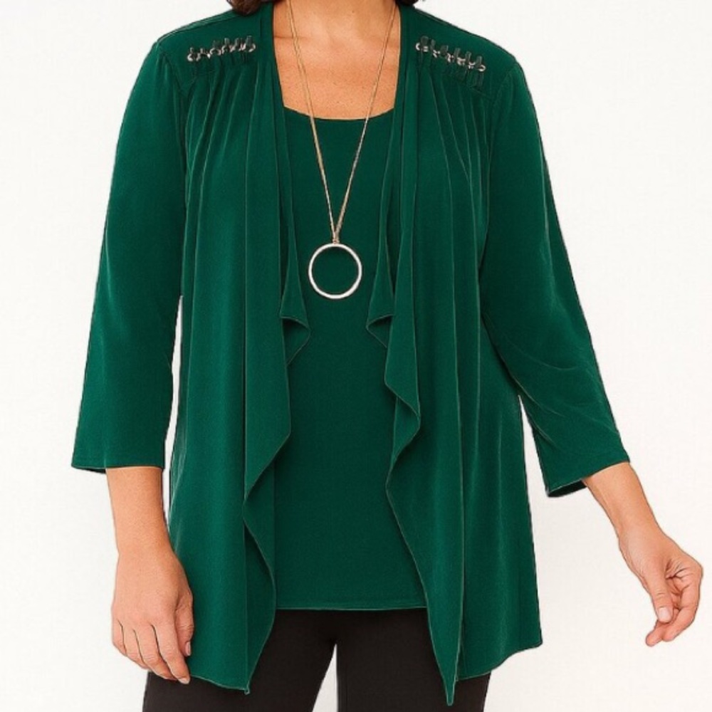 Chico's Emerald Green Draped Cardigan with Embellished Shoulders